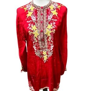 NWOT Designer Johnny Was Women's Liliana Red Embroidered Tunic Top Blouse Medium